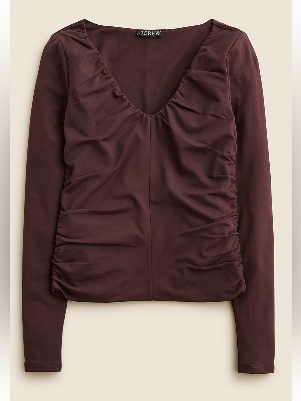 J. Crew Stretch Cotton Blend Ruched V Neck Top Size XL Cocoa Berry Brown